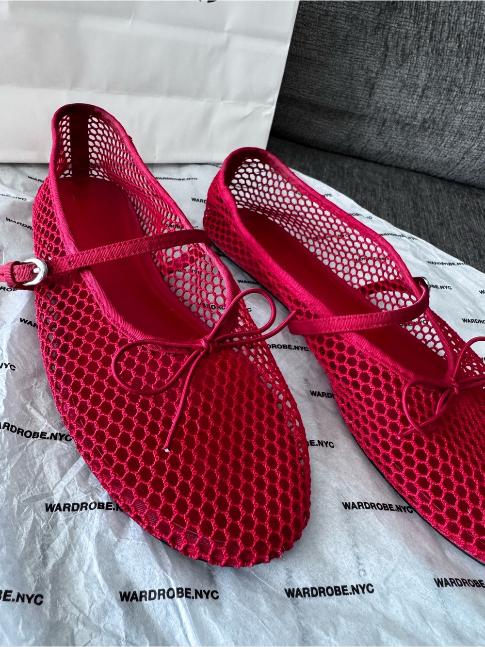 Mango Bright Red Mesh Mary Jane Ballerina Flats with Bow